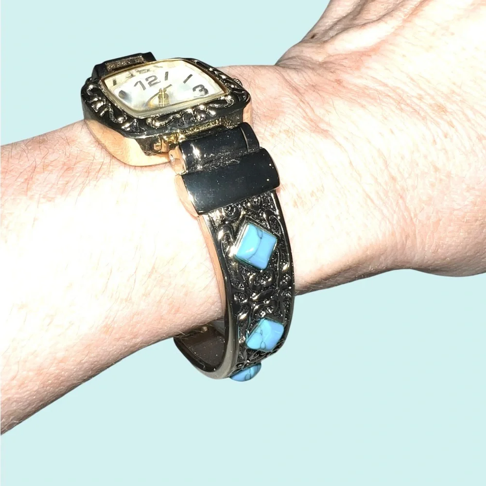 Vintage-Style Pavana Cuff Watch with Faux Turquoise Stones